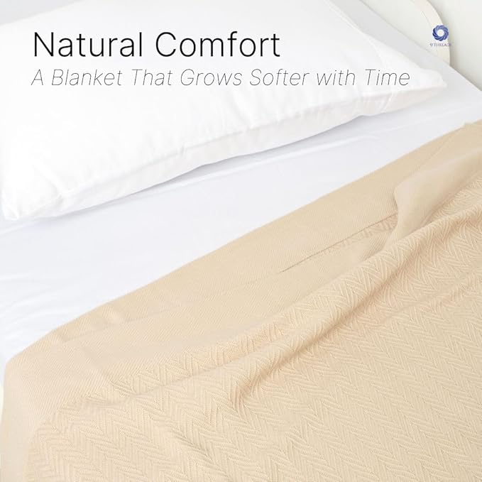 9Threads Queen Size Multipurpose Blanket, 100% Extra Long Staple Cotton, Soft & Breathable Herringbone Weave, Beige, Lightweight, Machine Washable, All-Season Throw Blanket for Bedroom & Travel