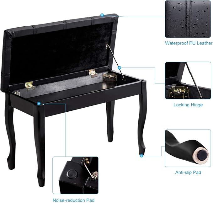 GOFLAME Piano Bench Stool with Padded Cushion and Music Storage, Heavy Duty Piano Duet Seat with PU Leather Padded Seat and Solid Wooden Legs, Perfect for Home Use (Black)