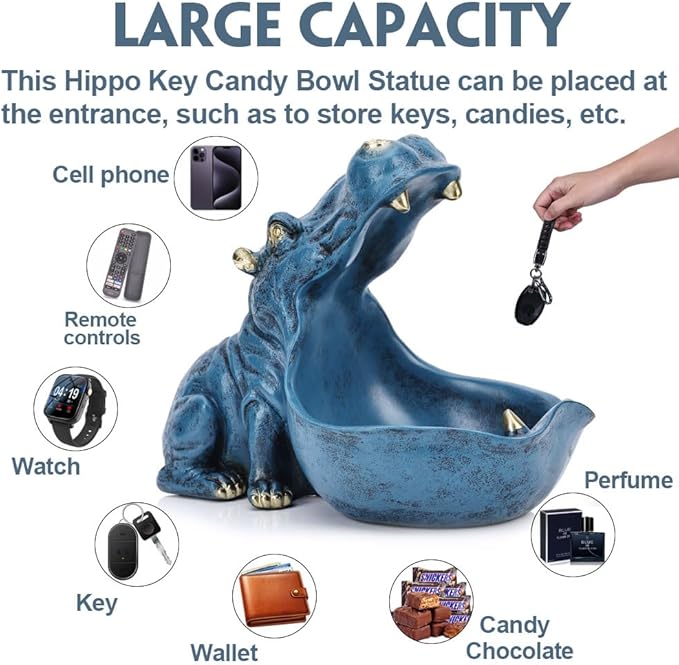 Hippo Figurine Candy Dish & Key Bowl - Unique Resin Hippopotamus Statue for Office Desk & Entry Table Decor - Multifunctional Sundries Container, Jewelry Stand, and Wallet Holder - Cute Hippo Gifts