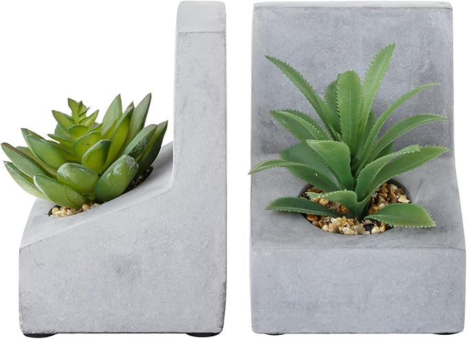 MyGift Decorative Bookends for Heavy Books, Book Ends with Planted Artificial Succulent Plants, Book Stands for Shelves Desktop, 1 Pair, L-Shaped Concrete