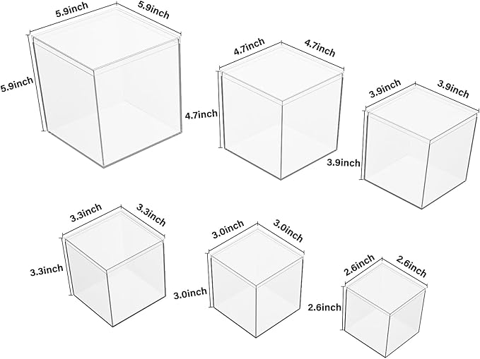 Gonice 6/4.7/4/3.3/3/2.5 inch Clear Acrylic Box with Lid, 6 PCS Plastic Decorative Storage Box for Jewelry, Candy Pill