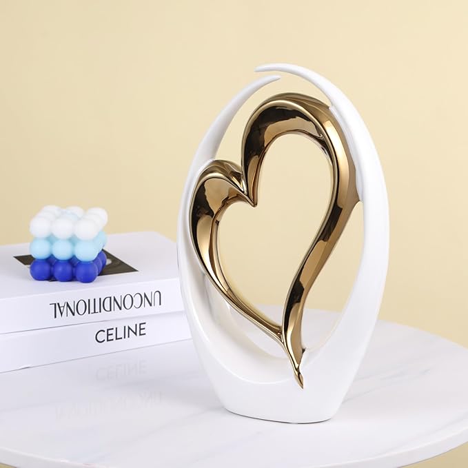 White and Gold Ceramic Statues, Abstract Heart Sculptures for Bedroom Decor, Wedding Decor, Decoraciones para Salas De Casa, for Her (D-White Gold)