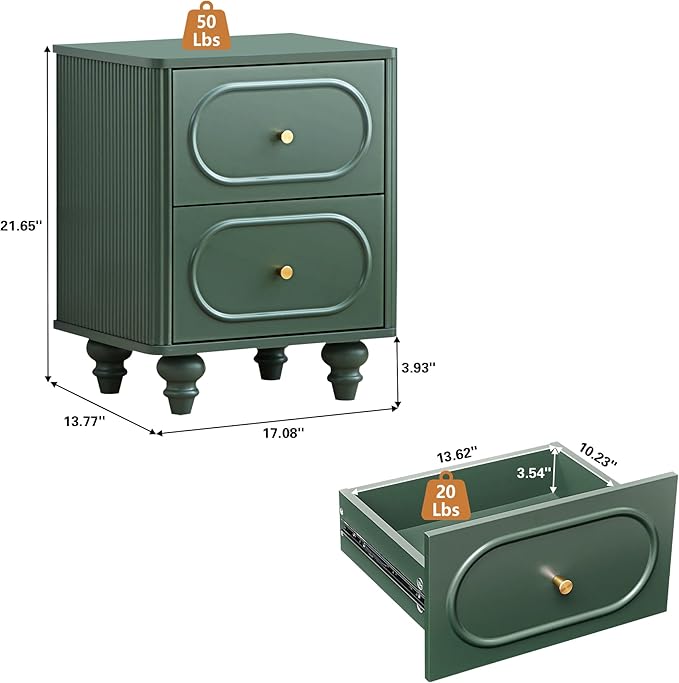 2 Drawer Fluted Nightstand, Mid Century Modern Farmhouse Night Stand Small End Table Bedside Table for Bedroom, Green