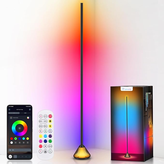 Smart LED Corner Floor Lamp – 16 Million DIY Colors, 68+ Scenes, Music Sync, App & Remote Control, Ambient Color-Changing Light for Living Rooms, Bedrooms & Gaming Rooms (1 Pack)