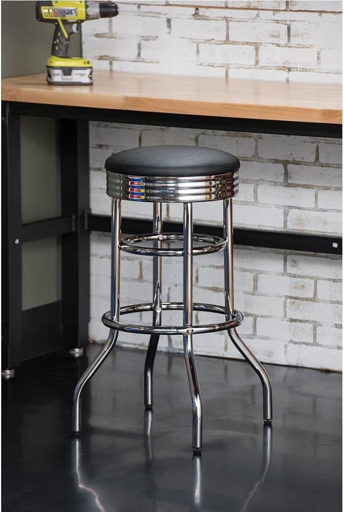 TRINITY Heavy Duty 30-Inch Backless Swivel Bar Stool for Kitchen, Garage, or Workshop, Chrome Finish with Faux Leather Seat, 1 Pack, Black