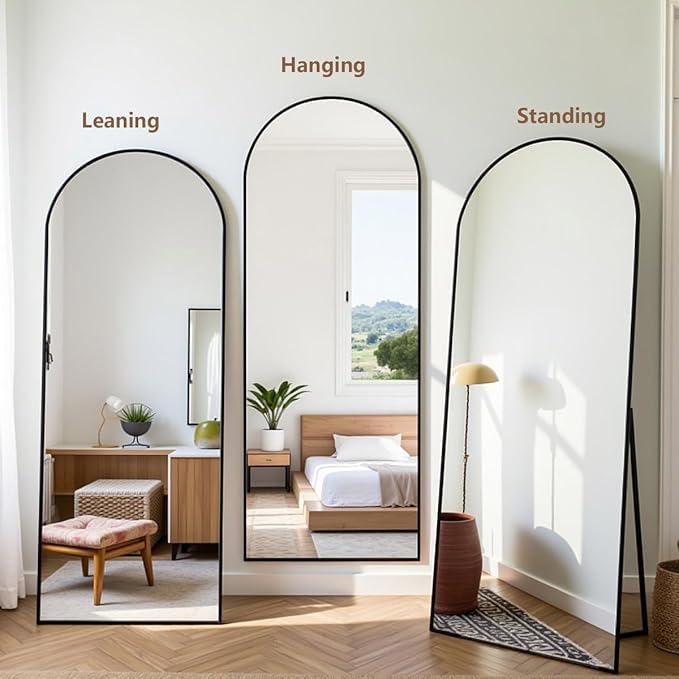 Arched Floor Mirror, 58 "x 18" Full Length Mirror Wall Mirrors Hanging or Leaning Arched-Top Full Body Mirrors with Stand for Bedroom, Dressing Room, Black