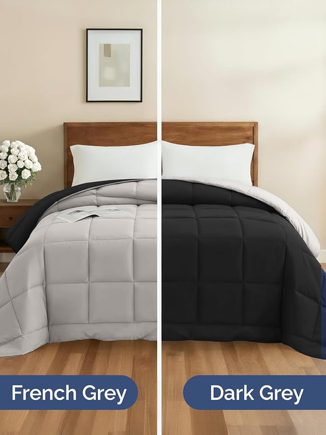 Queen Size, Black & Light Grey Reversible Alternative Down Comforter - Warm, Lightweight Breathable Hotel Quality Bedding Set - All Season Fluffy Oversized Cooling Microfiber Duvet Insert Comforter