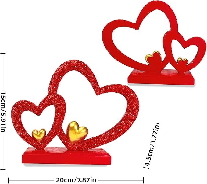 Double Heart Sculpture Valentine’s Day Statue, Faux Beaded Texture with Gold Accents, 7.9" Red Romantic Decor for Shelf, Mantel, Bedroom, Wedding, for Her