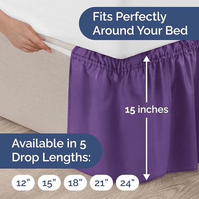 Wrap Around Dust Ruffle Bed Skirt - Purple - Twin/Twin XL Size Beds with 15 Inch Drop - Easy Fit Elastic Strap - Adjustable Pleated Bedskirt w/Brushed Fabric - Wrinkle Free - Women, Men, Kids & Teens