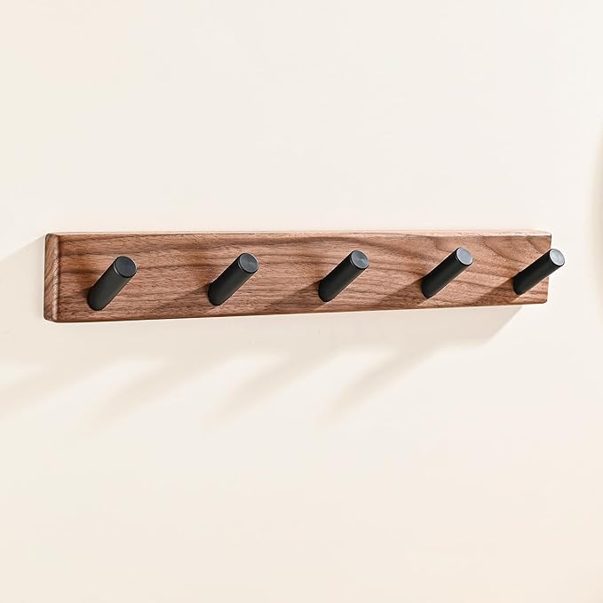 17.3" Small Wooden Coat Rack Wall Mounted with 5 Pegs Hooks, Entryway Wall Hooks Coat Hanger for Hanging Towel Jacket Clothes Hat Backpack Shoe Purse Key Holder Hook Rail by Black Walnut Wood