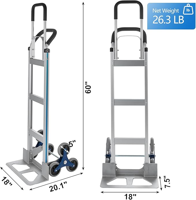 Aluminum Stair Climber Hand Truck 18 x 7.5 Inch Nose Plate Stair Climbing Hand Truck 6 Wheels Hand Truck Dolly