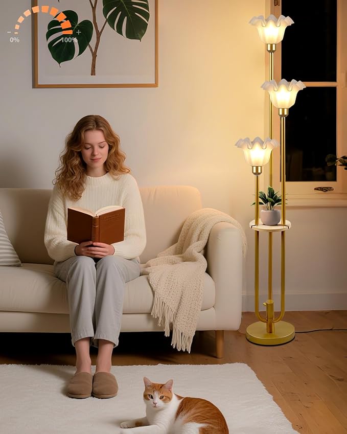 Lightdot Flower Floor Lamp for Living Room, Dimmable Vintage Floor Lamp with Shelf &3 LED Bulbs, 3 Light 3000K Soft Warmwhite Gold Mid Century Standing Lamp, Floral Tall Lamp for Bedroom Office
