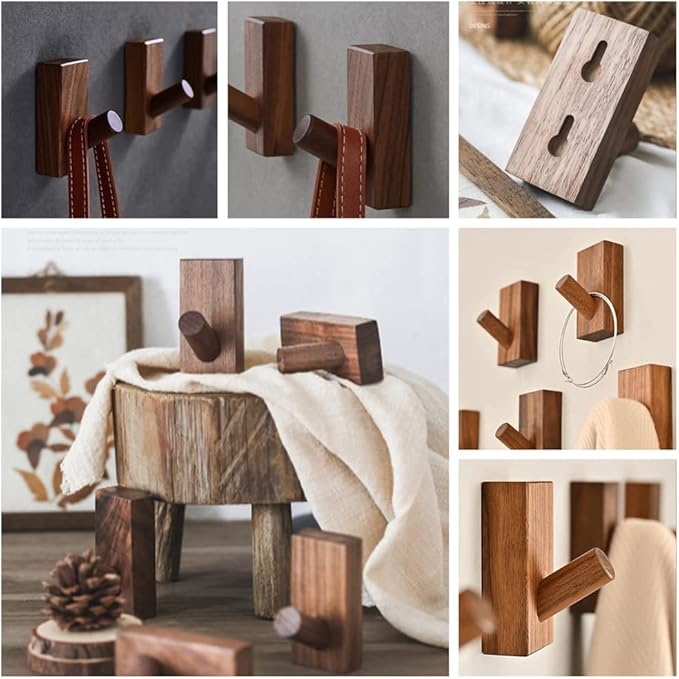 HomeDo 8Pack Adhesive Wall Hooks Hat Rack, Wooden Coat Hooks Wall Mounted, Decorative Hooks Single Organizer Hat Hanger Towel Rack, Heavy Duty Hooks (Rectangle-Walunt,8Pack)