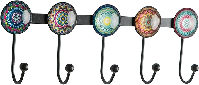 Boho Coat Rack Wall Mounted with 5 Hooks, Multi-Color Mandala Pattern Decorative Wall Hooks for Hanging Hat, Key, Towel, Purse, Bag, and Robe - for Entryway, Bathroom, and Office