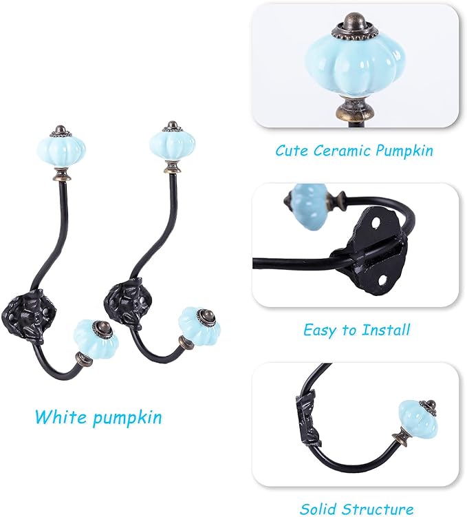 NIKKY HOME Wall Hooks Decorative 2 Pack Hanging Rustic Vintage Pumpkin Metal Iron Ceramic Antique Mounted Wall Hook for Towels Coat Bag Scarf Cap Hat Key for Farmhouse Mudroom Closet Bathroom, Blue
