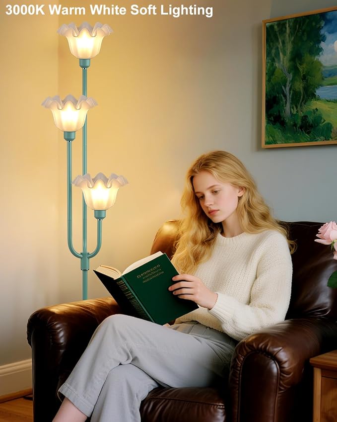 ACOHOOK Flower Floor Lamp for Living Room, Dimmable Vintage Floor Lamp with Shelf & LED Bulbs, 3 Light 3000K Soft Warmwhite Mid Century Gold Standing Lamp, Floral Tall Lamp for Bedroom Office-Green