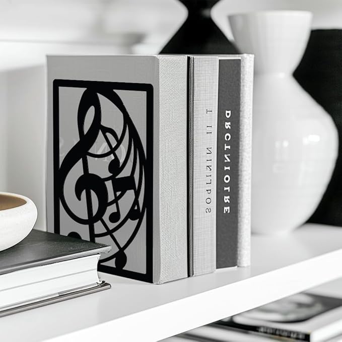 Peacoblue Metal Bookends for Shelves, Modern Decorative Heavy Duty Study Book Support Stoppers for Desk, Shelf, Room 5.3"x4.3"x7.9" Cast Iron Simple Tall Bookends to Hold Books, 1 Pair (Musical Note)