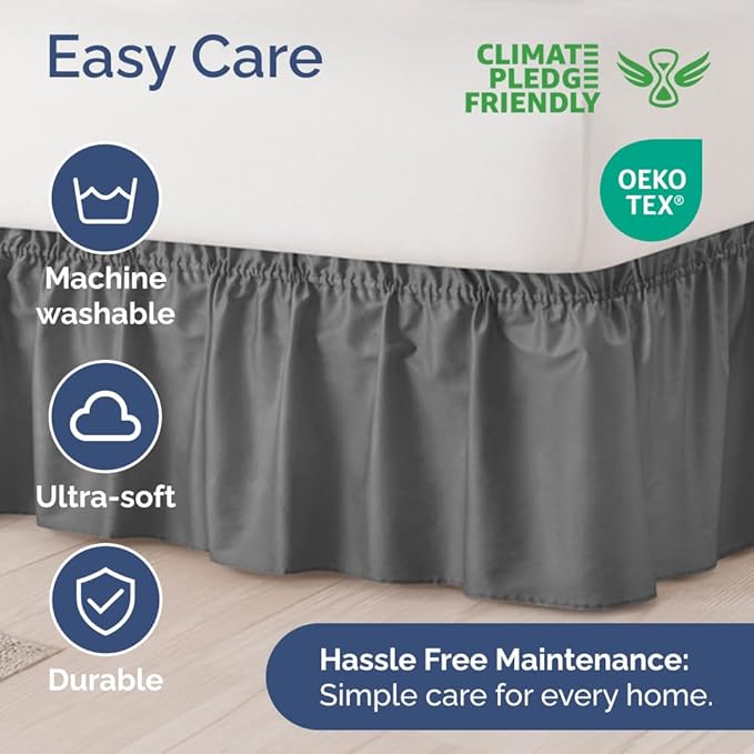 Wrap Around Dust Ruffle Bed Skirt - Dark Grey - for Full Size Beds w/ 16 Inch Drop - Easy Fit Elastic Strap - Adjustable Pleated Bedskirt with Brushed Fabric, Wrinkle Free Women, Men, Kids and Teens