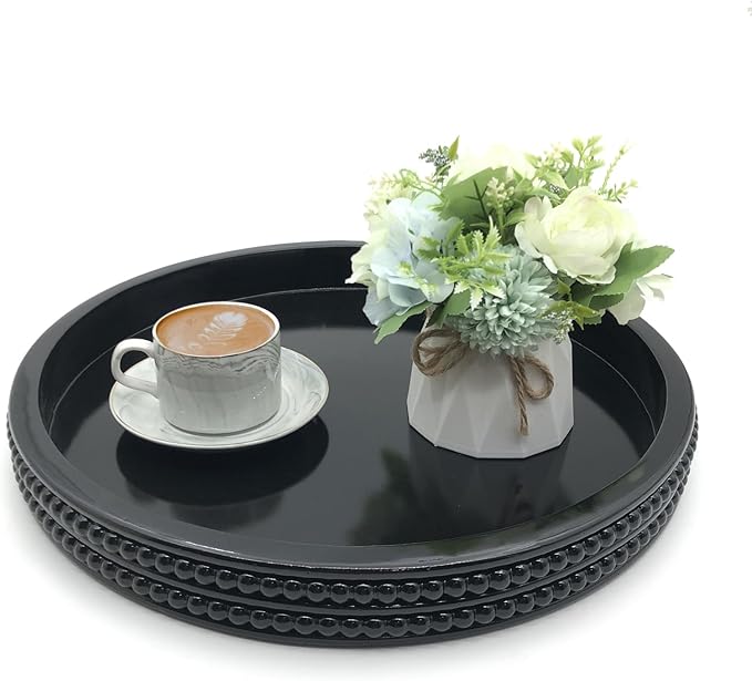 Carah & Cossh Round Wooden Serving Tray, Black Decorative Wood Tray, 16'' Round Modern Decorative Tray, Perfect for Storage and Display (Black)