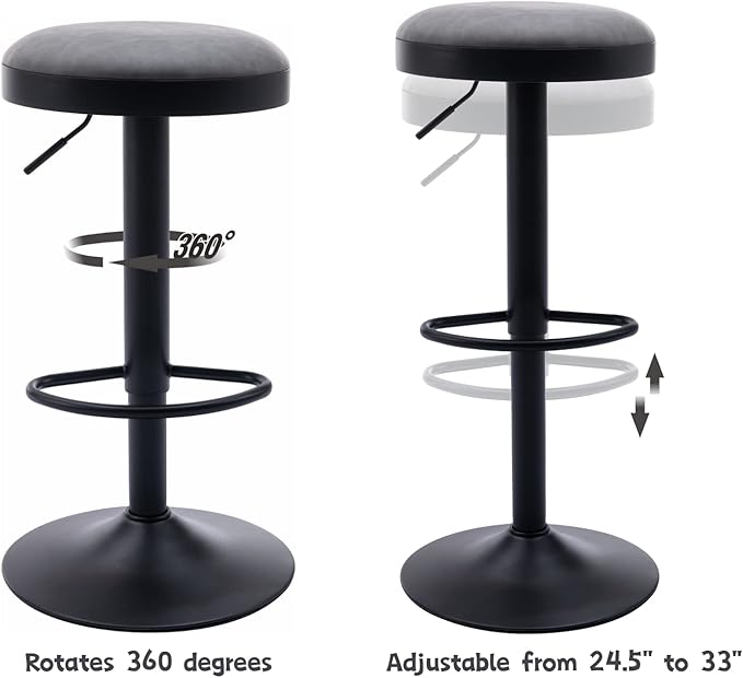 CIMOTA Swivel Round Bar Stools Set of 1 Backless Adjustable Counter Height Barstools Modern Industrial PU Leather Bar Stool Chair for Kitchen/Home Bar/Pub/Bistro/Office, Retro Grey