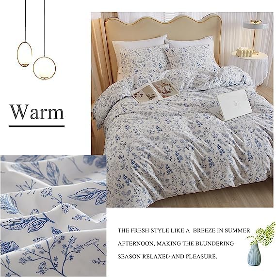 LifeTB Vintage Style Cotton Floral Duvet Cover Queen Boho Blue Floral Bedding Sets Chic Shabby Aesthetic Floral Comforter Cover Soft Botanical Bedding Sets 1 Queen Duvet Cover 2 Pillow Shams