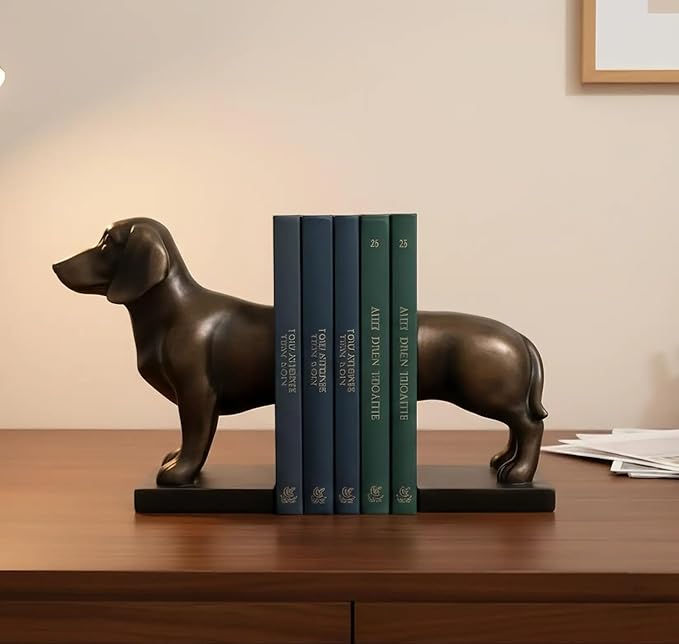 Comfy Hour Dachshund Dog Decorative Bookends, 12" Unique Wiener Dog Book Ends for Shelves, Heavy Duty Polyresin Book Stopper for Books, 1 Pair, Dark Copper