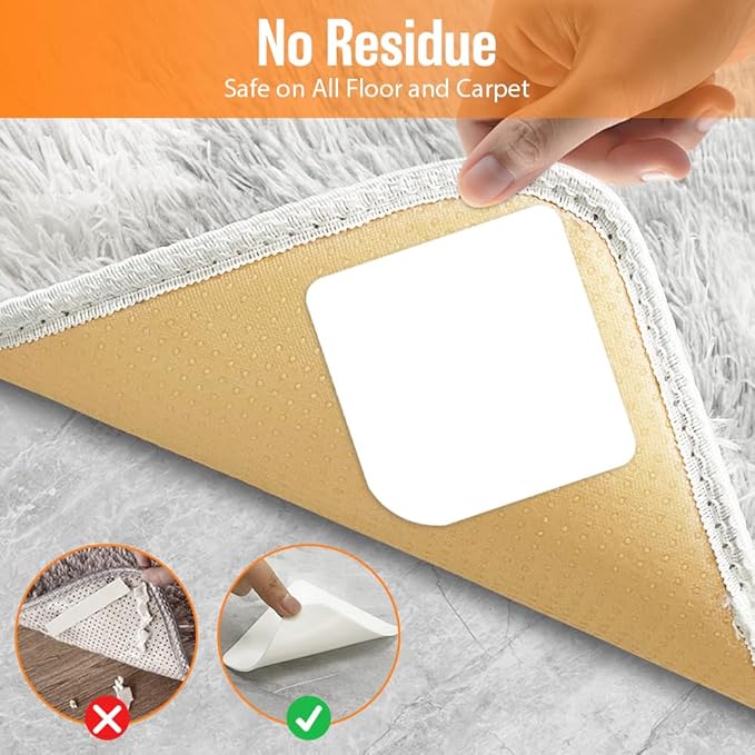 ZC GEL 8 Pcs Rug Tape, Reusable Carpet Tape for Area Rugs，Non Slip Rug Pads Grippers for Hardwood Floors and Tiles, Double-Sided Adhesive Rug Stickers Keep Corners Flat, No Damage to Floor