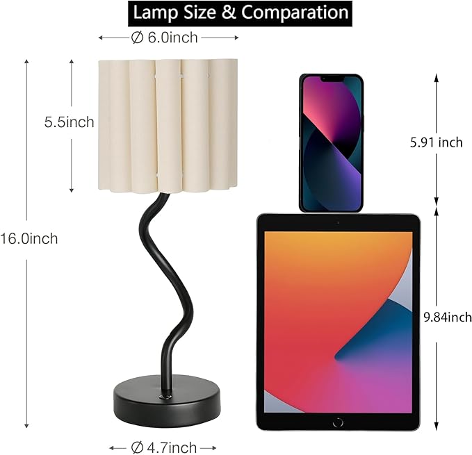 Cordless Scalloped Table lamp, Modern Black Lamp for Bedside Restaurant Dining Table, 5200-mAh Rechargeable Battery, 3-Level Brightness Dimmable, Build-in Integrated LED 320 Lumen Max