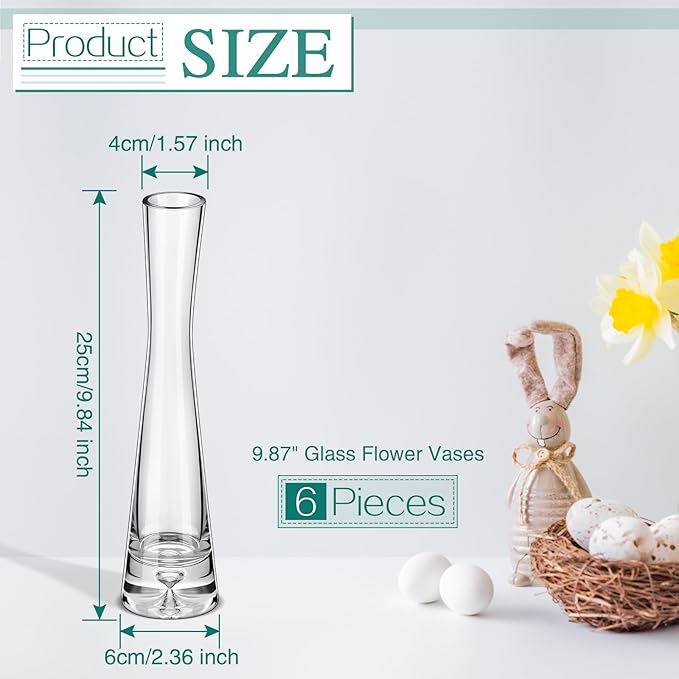 Sliner 6 Pcs Tall Glass Bud Vase for Centerpieces Clear Maria Bud Vase Small Single Flower Vase Rose Skinny Decorative Cylinder Vases for Wedding Party Home Table Decorations(9.84'' H)