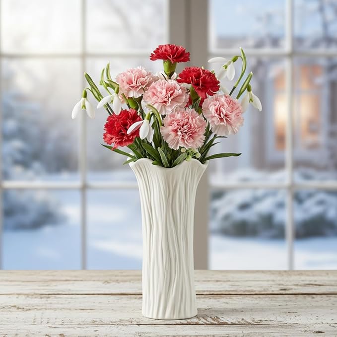 White Ceramic Vase with Ruffled Rim & Vertical Fluted Texture - 8.5" Unique Flower Vase for Pampas Grass & Centerpieces, Decorative Boho/Farmhouse Vase for Living Room, Office & Gift for Her/Yourself