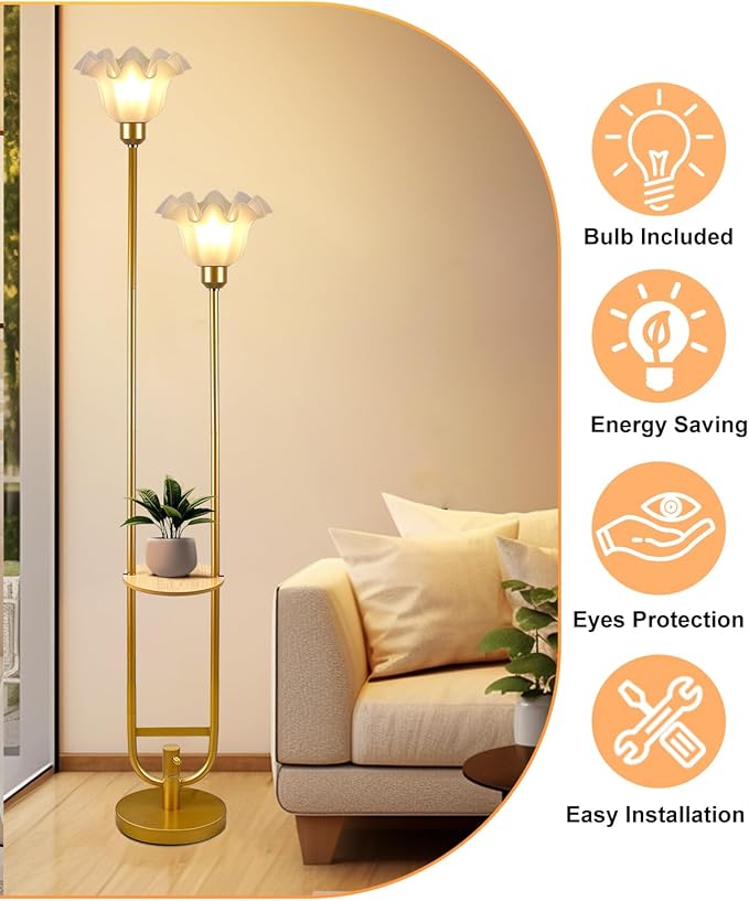 ACOHOOK Dimmable Flower Floor Lamps with Table, 2-Lights Dimmable Floral Floor Lamp, 3000K Warmwhite Candle Holder Style Modern Floor Lamp, Rustic Gold Standing Lamp for Living Room Bedroom