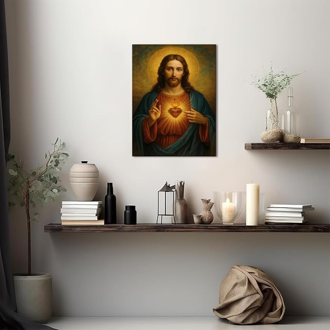 Sacred Heart of Jesus Canvas Wall Art Catholic Divine Mercy Prints Wall Decor Christ Jesus Portrait Poster Christian Religious Picture Artwork for Bedroom Living Room Prayer Room 12x16 Inch Framed