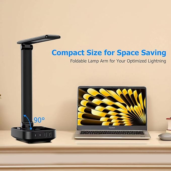 Yostyle LED Desk Lamp with 4 USB Charging Ports and 2 AC Outlets,5ft Extension Cord Power Strip Station, 3 Level Brightness, Touch Dimmer Control, Office Table Eye Care Lamp Bedroom Hotel
