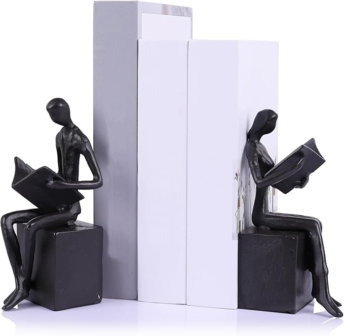 Reading Couple Bookshelf Decor Bookends Set of 2, Cast Iron Bookend for Office Desk, Living Room, Bedroom, Home Decorative Book Lovers Gifts (Reading Bookends)
