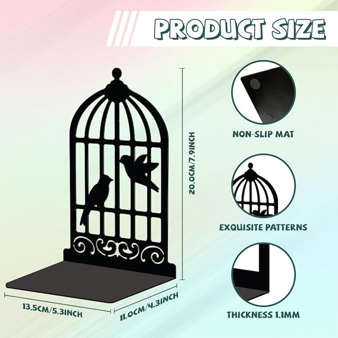 Peacoblue Metal Bookends for Shelves, Modern Decorative Heavy Duty Study Book Support Stoppers for Office, Desk, Shelf, Room 5.3"x4.3"x7.9" Cast Iron Simple Tall Bookends, 1 Pair (Birdcage and Bird)