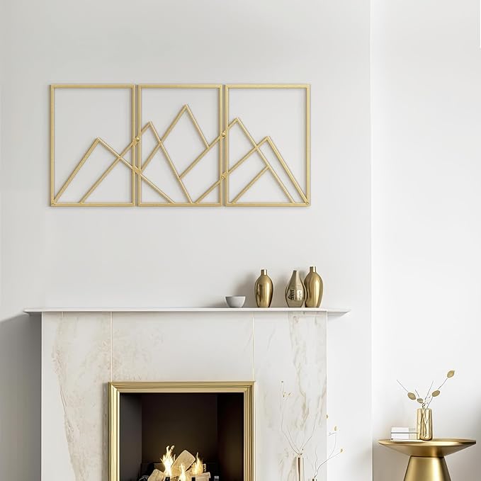 SIGNLEADER Metal Wall Decor Triangle Mountains Line Minimalist Modern Luxury Wall Sculpture Hangings 3D Statue Home Decoration for Living Room, Bedroom, Bathroom, Kitchen, Fireplace, Office - 24" Gold