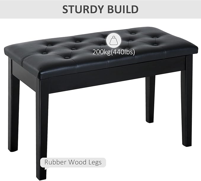 HOMCOM Piano Bench, Duet Piano Chair with Faux Leather Padded Cushion and Wooden Frame, Button Tufted Keyboard Bench, Black