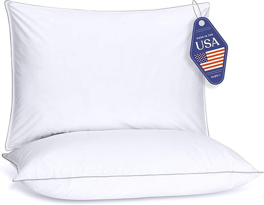 FluffCo Down Alternative Pillows Standard/Queen Size Set of 2 - Queen Bed Pillows for Sleeping - Made in USA - Cooling Surface and Machine Washable for Side, Back, and Stomach Sleepers