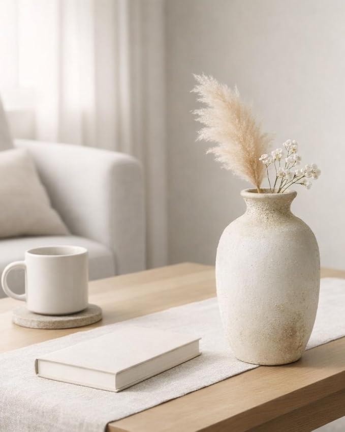 Ceramic Flower Vase Home Decor – 8.3 Inches Pottery Rustic Farmhouse Bottle Vase for Table Centerpiece, Shelf & Mantel, Beige