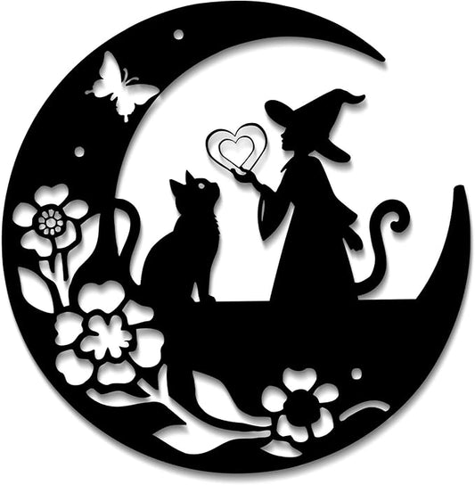 GlintHome Cat Metal Wall Art Decor Moon and Cat Witch Black Wall Hanging Decor Silhouette Wall Art for Home Bathroom Bedroom Living Room Kitchen Office Garden Hotel Wall Decoration