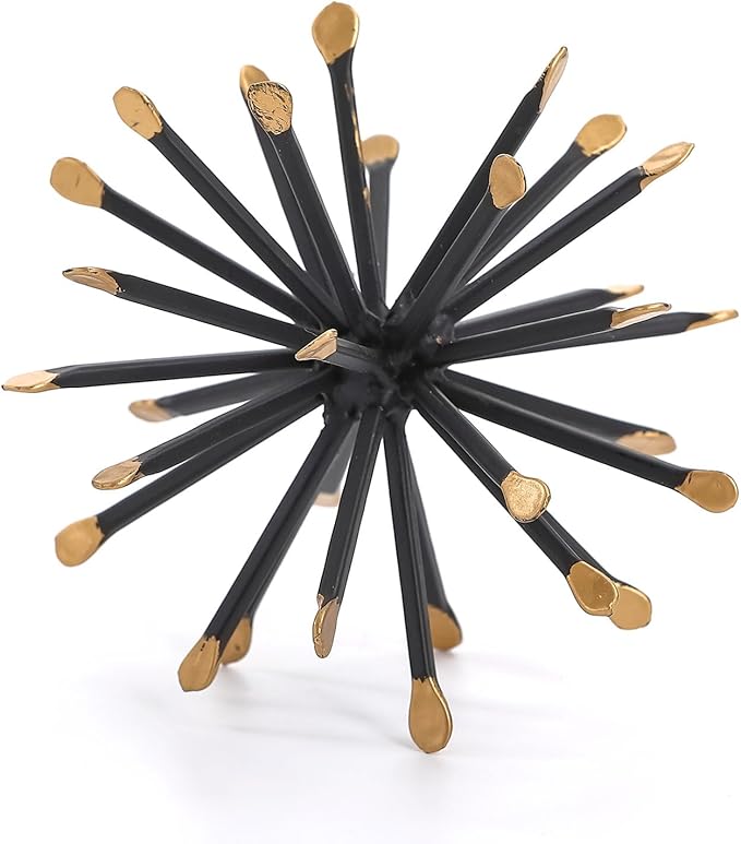 Black & Gold Sphere Decor, Metal Starburst Table Shelf Decor, Geometric Decorative Objects for Shelves, 3D Spike Decor Sculpture Home Decor Accents, 4.3”