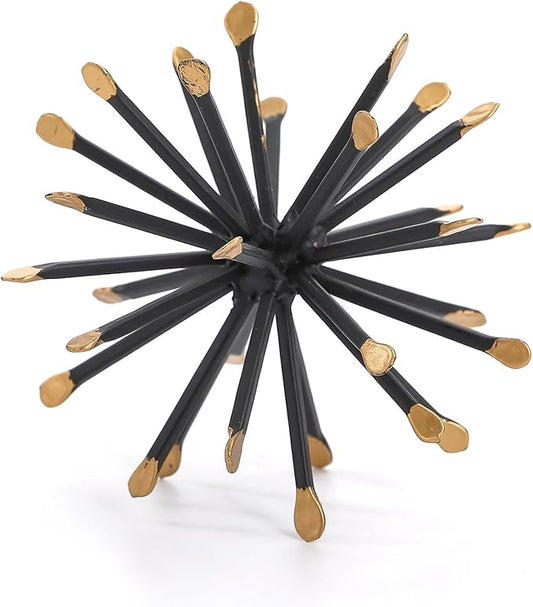 Black & Gold Sphere Decor, Metal Starburst Table Shelf Decor, Geometric Decorative Objects for Shelves, 3D Spike Decor Sculpture Home Decor Accents, 4.3”