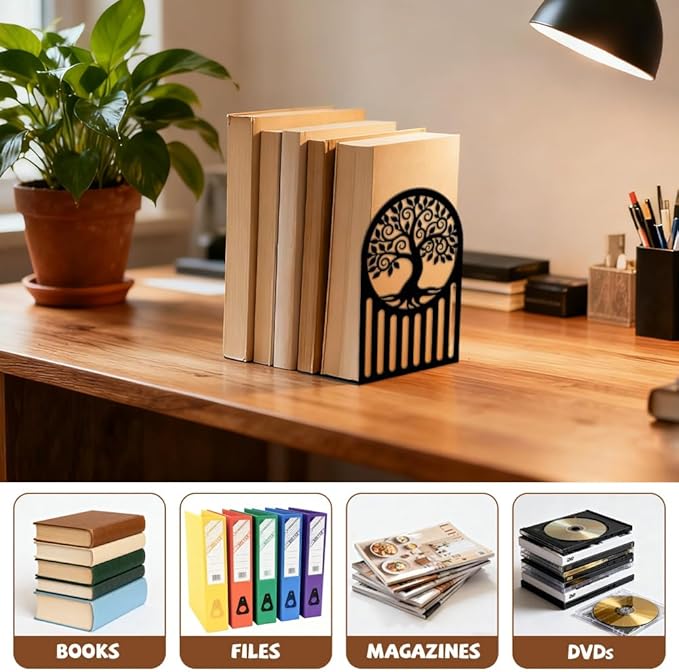 Peacoblue Metal Bookends for Shelves, Modern Decorative Heavy Duty Study Book Ends Stoppers for Office, Desk, Shelf, Room 5.3"x4.3"x7.9" Cast Iron Simple Tall Bookends 1 Pair (Tree of Life Pattern)