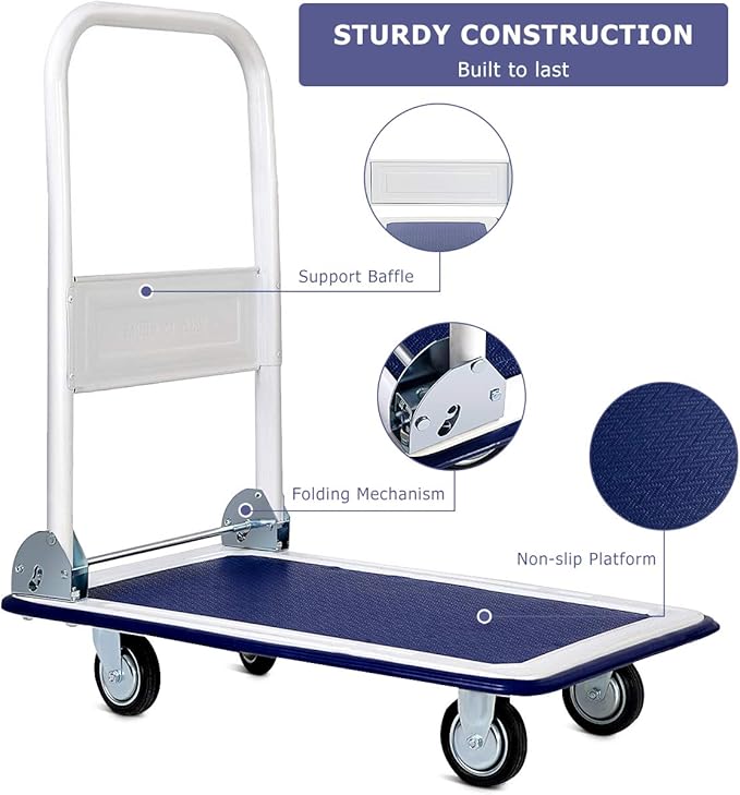 S AFSTAR Folding Push Cart Dolly, Rolling Platform Cart for Garage Warehouse, Portable Flatbed Cart with Non-Slip Swivel Casters (330Lbs Load-Bearing Capacity, Blue)