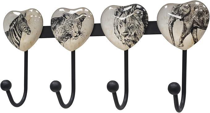 Coat Rack Wall Mounted with 4 Hook, Heart Glass Finishes Animal Pattern Elephant Lion Zebra Leopard Decorative Wall Hooks for Entryway Hanging Hat, Key, Towel, Purse and Bag - Metal