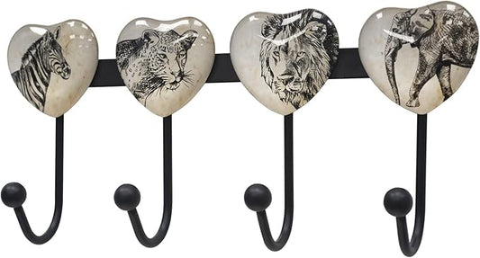 Coat Rack Wall Mounted with 4 Hook, Heart Glass Finishes Animal Pattern Elephant Lion Zebra Leopard Decorative Wall Hooks for Entryway Hanging Hat, Key, Towel, Purse and Bag - Metal