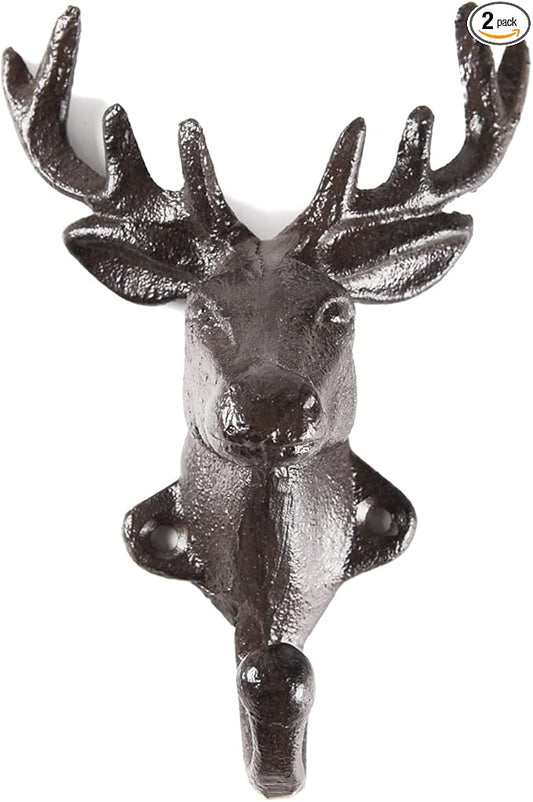 BRASSTAR 2PCS Cast Iron Deer Head Single Wall Coat Hook Hanging for Coats, Bags, Hats, Towels, Keys, Rustic Retro Home Decorative Gift TQGJPT267-02