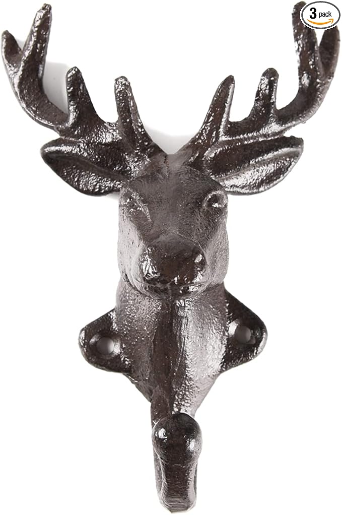 BRASSTAR 3PCS Cast Iron Deer Head Single Wall Coat Hook Hanging for Coats, Bags, Hats, Towels, Keys, Rustic Retro Home Decorative Gift TQGJPT267-03