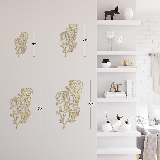 SIGNLEADER Metal Wall Art Decor Line flower Minimalist Modern Abstract Wall Sculpture Hangings Home Decoration for Living Room, Bedroom, Bathroom, Kitchen, Outdoor - 18" Gold