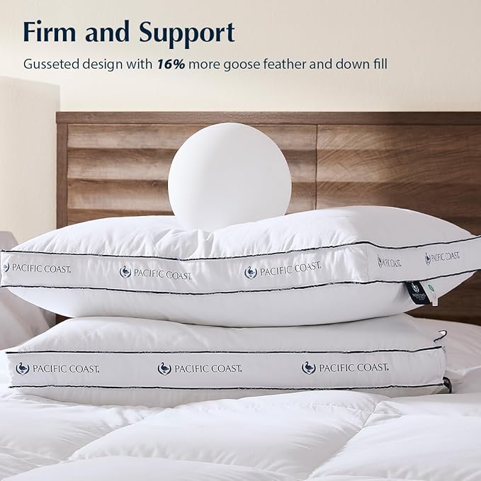 Pacific Coast Goose Feather and Down Firm Bed Pillows Standard Size Set of 2 with Gusset, Luxury Hotel Collection Pillows 2 Pack for Sleeping, Supportive for Side Sleepers and Back Sleepers